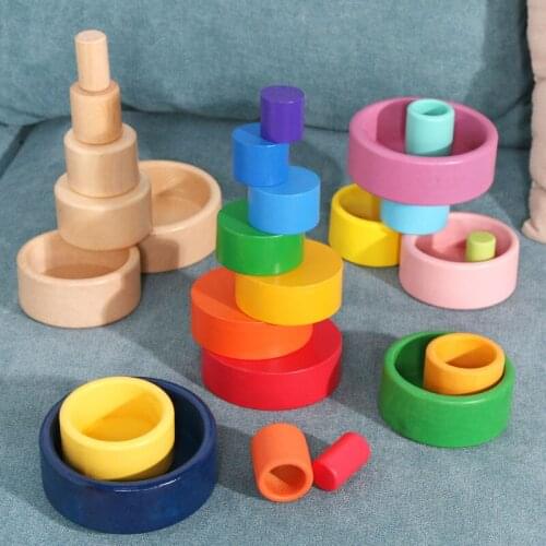 6pcs/set Wooden toys DIY Rainbow Building Blocks Montessori Early Education Wooden Plate Rainbow Stacker Blocks Stacking Toy