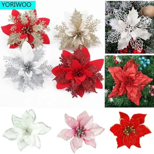 2/5/10pcs Artificial Christmas Flowers Glitter Fake Flowers Merry Christmas Tree Decorations Xmas Ornaments Happy New Year 2022