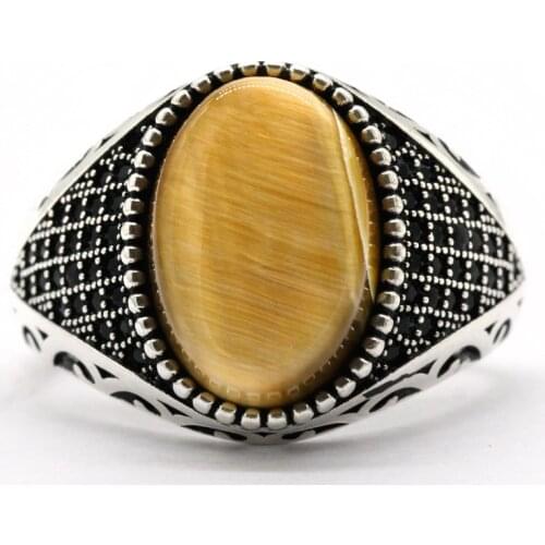 Natural Tiger Eyes Stone 925 Sterling Silver Ring for Men with Black CZ Vintage Gift Women Male Turkish Fashion Rings Jewelry