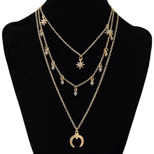 Fashion Necklaces 3 Layer Star Moon Rhinestone Choker Necklace Color Boho Chain Chokers Jewelry For Women Party Gift