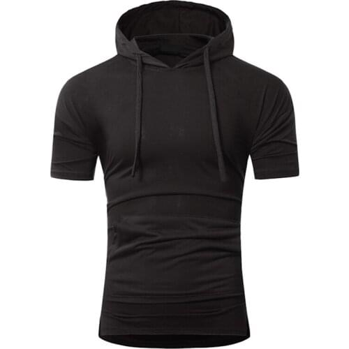 Men Casual Pure Color Boy Hoodies Drawstring Hooded Short Sleeve Sport Sweatshirt Tops