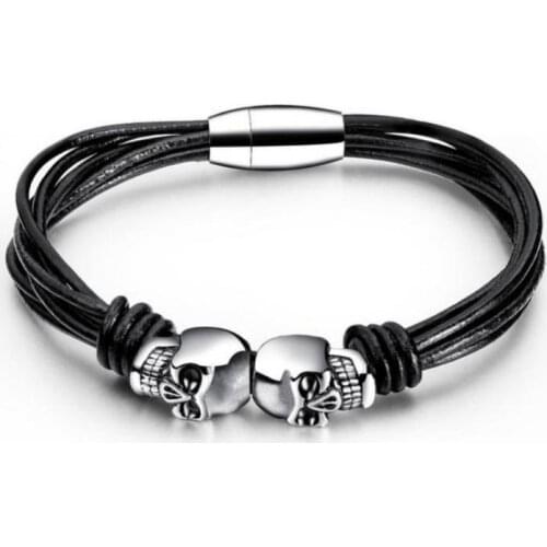 Mens Titanium Steel Skull Bracelet Halloween Personality Simple Multi Layer Leather Rope