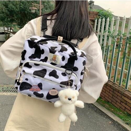 Cute Cow Spotted Women Backpack Female Multi-function Travel Bag Transparent Front Pocket Small Schoolbag Teenage Girl Backpacks
