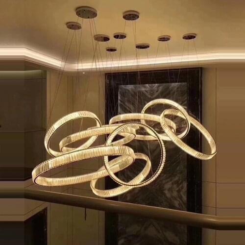 LED Postmodern Lucky Ring Silver Golden Stainless Steel Crystal Chandelier Lighting Lustre Suspension Luminaire Lampen For Foyer