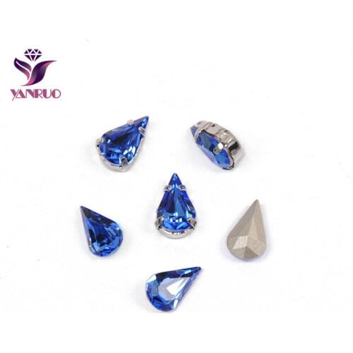 YANRUO 4300 Pear Drop Sapphire Rhinestones for Crafts Ornaments Claw Base Sew on Clothes All for Needlework