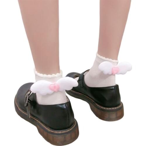 Japanese Harajuku Student Lolita Kawaii Cotton Socks Cute Angel Wings Heart Decor Sweet Female Girls Princess School Hosiery
