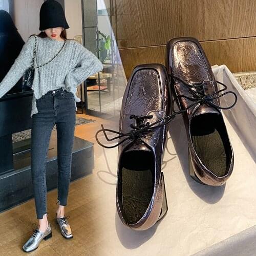 Women Leather Casual Shoes Fashion Girls Spring Summer Lace Up Flats Square Toes Oxford Shoes Ladies Low Heel Footwear Silver