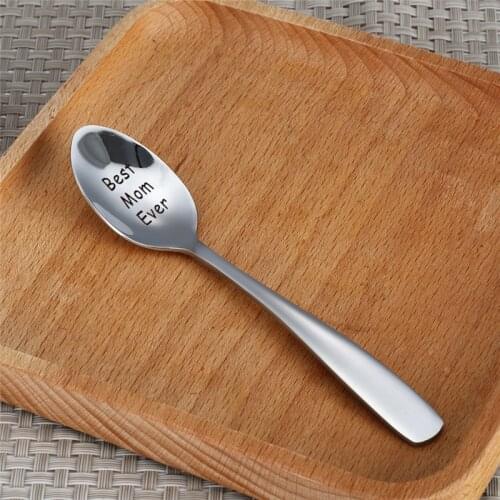 13x2.5cm Stainless Steel Coffee Spoon Best Mom Dad Ever Engraving Spoon Kitchen Milk Tea Spoon Mothers day Gift for Family 1pc