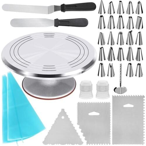35pcs/set Aluminium Alloy Cake Turntable Stand Stainless Pastry Nozzles Cake scraper Cream Piping Bag DIY Cake Decorating Tools