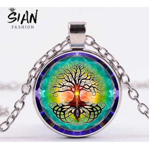 SIAN Sacred Tree of Life Pendant Necklace Glass Dome Art Picture Life Tree Evil Eye Necklace for Women Men Healing Reiki Jewelry