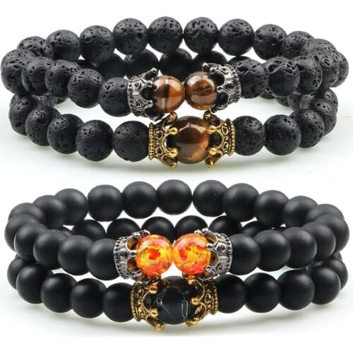 Mens 2Pcs/Set Black Distance Lava Beads Bracelet For Women Natural Stone Imitation Agates Onyx Bangles Elastic Buddha Jewelry