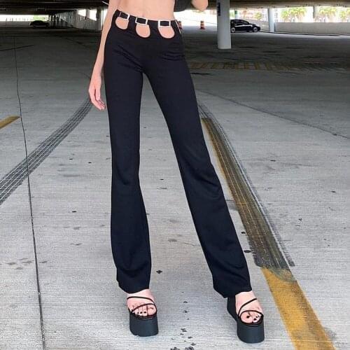 Black New Style Hollow Out Belted Trousers Street Flare Pants High Waist Slacks S 2021 Summer 90s Vintage Long Womens Jeans