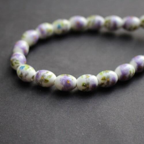 28Pieces Oval Ceramic Beads 10.4mm*8mm Purple Flower for jewelry making 4477