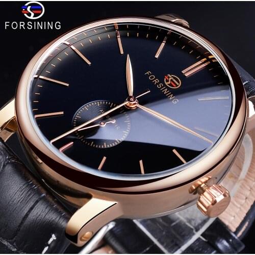 Forsining Casual Automatic Mechanical Watch Mens Sub Dial Black Slim Simple Black Genuine Leather Strap Wristwatch Montre Homme