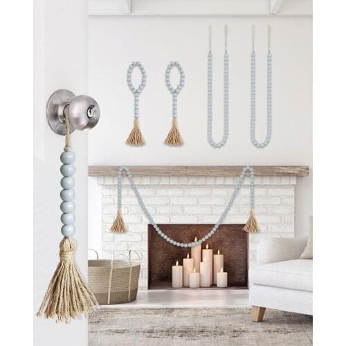 Home Decor handmade Grey Wood Bead Garlands with Tassels Farmhouse Beads Rustic Country Wall Decoration Room Hanging Ornament