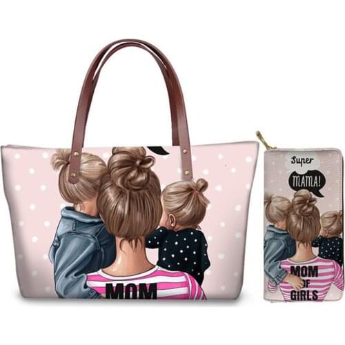 ELVISWORDS Luxury Design Women Handbags&Wallet Set Cartoon Super Mom Baby Print Beach Shoulder Bags Female PU Purse Bolsa Mujer