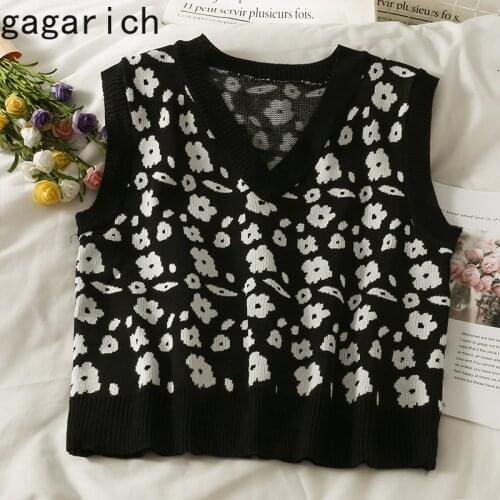 Gagarich Woman Chic Knitting Vest 2021 Autumn New Floral Print Short Sleeveless Color Contrast V-neck All-match Slim Top Trend