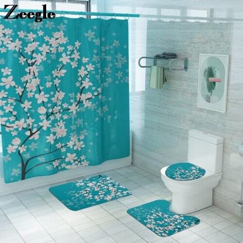 Floral Bath Mat and Shower Curtain Set Bathroom Carpet Non Slip Foot Mat Waterproof Shower Curtain Microfiber Bath Foot Mat