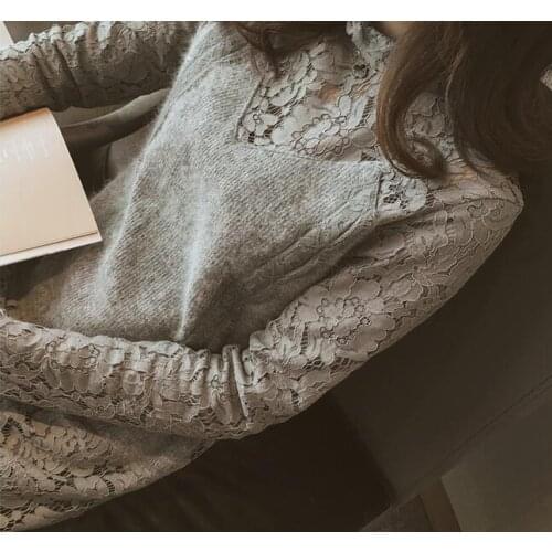 Large Size Cute Womens Dresses Fashion Autumn Winter Bottoming Shirt Dress Elegant Woman Lace Long Sleeve Solid Jurken VN115