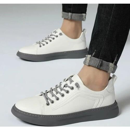 Mens Spring Autumn Casual Shoes Leather Thick Sole Round Head Lace Up Low Top Small White Shoes Breathable Sports Casual Shoe
