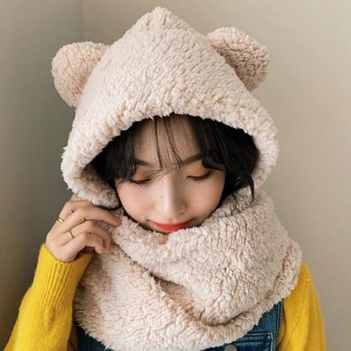 New Design Autumn Winter Soft Cotton Plush Cute Bear Ear Scarf Outing Warm Windbreak Youth Female Sweet Ease Match Bomber Hat