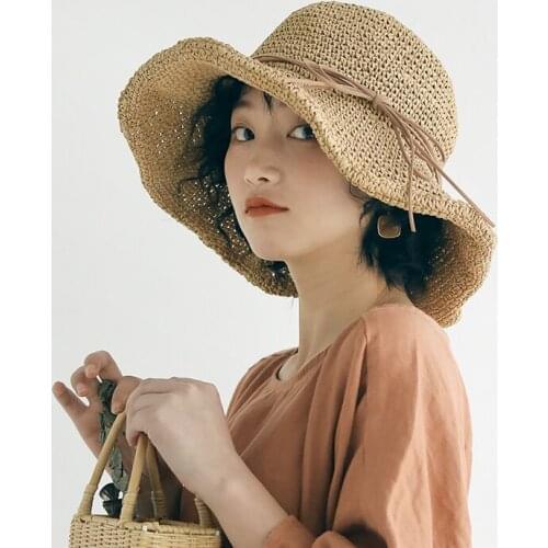 2019 Summer Women Floppy Breath Straw Beach Bucket Hat With String Bow Wide Floppy Brim Fishing Hats UV Sun Protection Caps