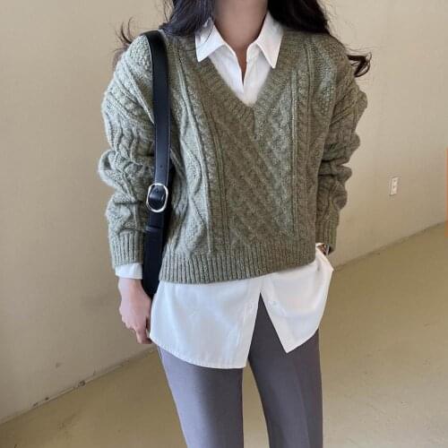 OL Thick Twist Pullovers 2020 New Autumn Winter Sweater Women Elegant V-neck Solid Loose Warm Knitted Outwear Short Tops