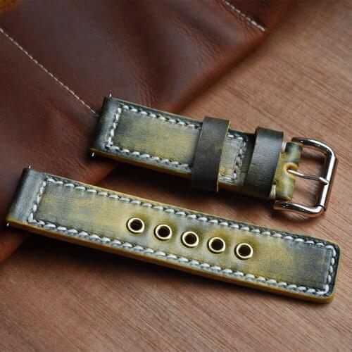 Retro Handmade Watch Strap Band Genuine Leather Accessories Brand Design Watchband 20mm 22mm 24mm Black Blue Red