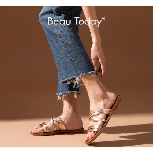 BeauToday Beach Slippers Women Genuine Cow Leather Narrow Band Open Toe Summer Outdoor Slides Ladies Flat Shoes Handmade 36138