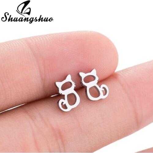 Shuangshuo Korean Fashion Cute Cat Earrings for Women Stainless Steel Jewelry Animal Stud Earrings Accessories brincos