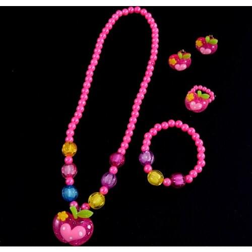 UDDEIN Fashion Cute Cartoons Jewelry Pink Beads Bracelet Ring Earrings Sets Apply Heart Necklace Girl Necklace & Pendant Bulk