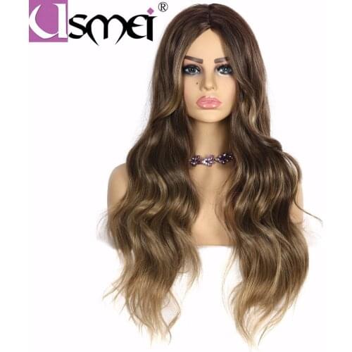 USMEI Hair Long Body Wave synthetic wigs for white women mixed black brown blonde cosplay wig lady middle part african american