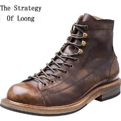 British Style Spring Autumn Sewing Cross-tied Rivet Genuine Leather Men Ankle Equestrian Boots Winter Plush Male Work Botas 0127