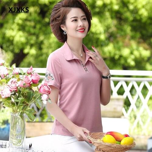 XJXKS Fashion women lapel T-shirt 2021 summer new loose plus size comfortable cotton short-sleeved top women T-shirt