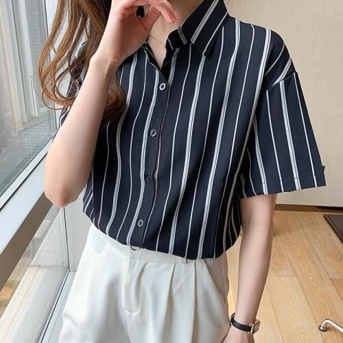 2021 Korean Fashion Clothing New Short Sleeve Striped Loose Shirt Women Office Lady Chiffon Button Striped Blusas Female 0590