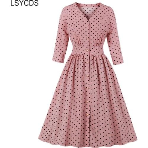 LSYCDS Polka Dot Dress Elegant Women 2021 Fall Spring Vintage 3\4 Sleeve V Neck Single Breasted High Waist Ruched Pink Dresses
