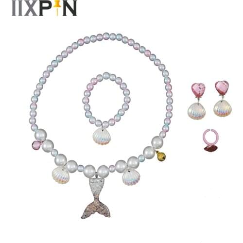 2/5Pcs Girls Mermaid Princess Accessories Pearl Shell Necklace Bracelet Ear Clip Ring Set Mermaid Taile Shell Pendant Set Gift