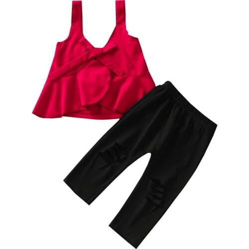 2021 1-6Y Fashion Kids Baby Girl Clothing V Neck Red Solid Color Sleeveless Flounce Tank Tops+Hollow Ripped Skinny Pants Summer