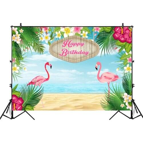 7x5 Tropical Background for Photo Studio Pink Flamingos Flower Backdrop Happy Birthday Princess Beach Background Backdros foto