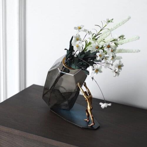 Home Decor Accessories Strong Man Push Geometric Glass Vase Figurine Living Room Ornament Objects Office Gold Metal Statue Gifts