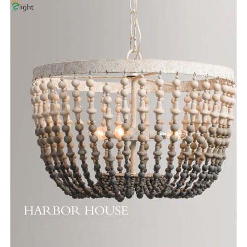 American Antique Metal Led Chandeliers Lighting Wood Beads Living Room Led Pendant Chandelier Lights Loft Hanging Light Fixtures