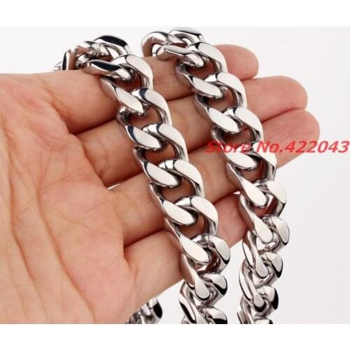7-40" Length 15mm Boys Mens Silver color Polished Curb Cuban Chain Stainless Steel Necklace Fashion jewelry 13mm