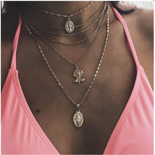 1Pc Women Necklaces Geometric Rose Pendant Clavicle Chain Multilayer Gold Necklace Set Engagement Jewelry Gift