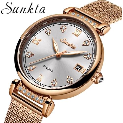 SUNKTA New Ladies Watch Quality Stainless Steel Band Japan Quartz Movement Waterproof Women All Rose Gold Ladies Luxury Watch