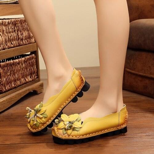 Hengsong Women Handmade Flat Shoes Genuine Leather Moccasins Summer Loafers Flats Shoes Slip On Platform Leather Female Shoes