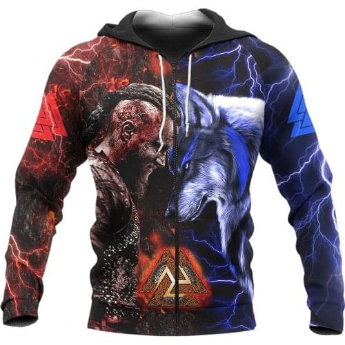 X-Safala Viking Tattoo Warrior Wolf 3D All Printed Hoodie Man Women Harajuku Outwear Zipper Pullover Sweatshirt Casual Jacket