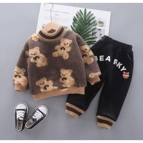 New winter warm Boys Baby Girls Thicken Cartoon bear Clothing Kids Hoodies Pants 2Pcs/Sets Children Cotton Casual Tracksuits set