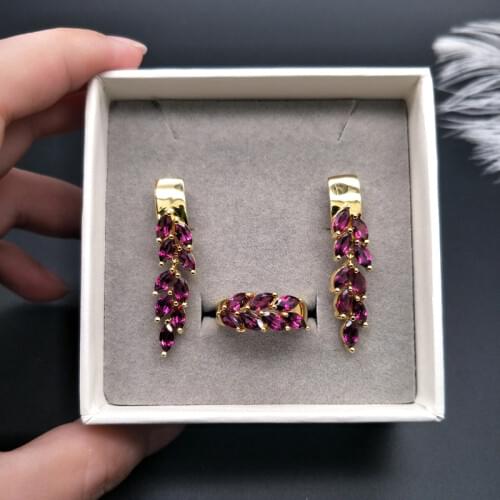 Natural gemstone rhodolite set jewelry 925 sterling silver ring and earrings simple style for girl & women birthday fine gift