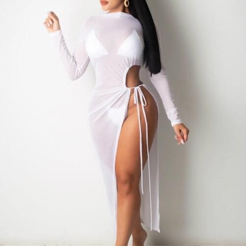 Summer Cover ups Women Solid Mesh Swimsuits Perspective Beach Dress Sexy Ladies Split Bandage Bikinis Cover up Bathing Beachwear