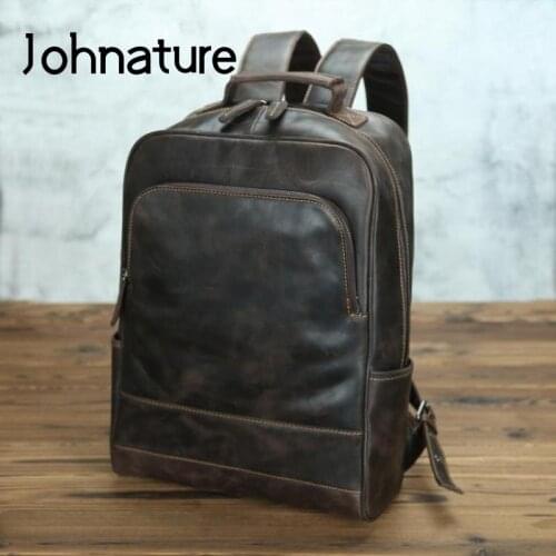 Johnature Genuine Leather Men Backpack 2021 New Retro Crazy Horse Leather Large Capacity Laptop Backpack Cowhide Travel Bags